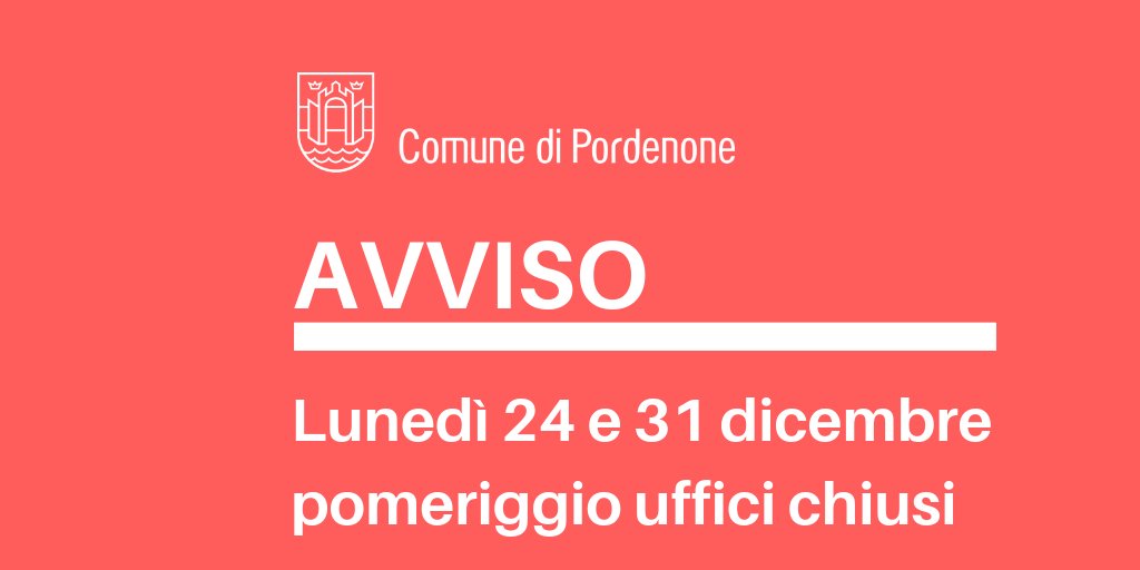comunepordenone's tweet photo. Per 🎅 #nataleApordenone 🎄
Lunedì #24dicembre e lunedì #31dicembre 2018 gli uffici del Comune di #Pordenone sono aperti la mattina, secondo i normali orari.
Pomeriggio chiuso.
Consulta qui gli orari ▶️ https://t.co/gme5M1Tn7W
#avvisoPN https://t.co/n1WpWF23AU