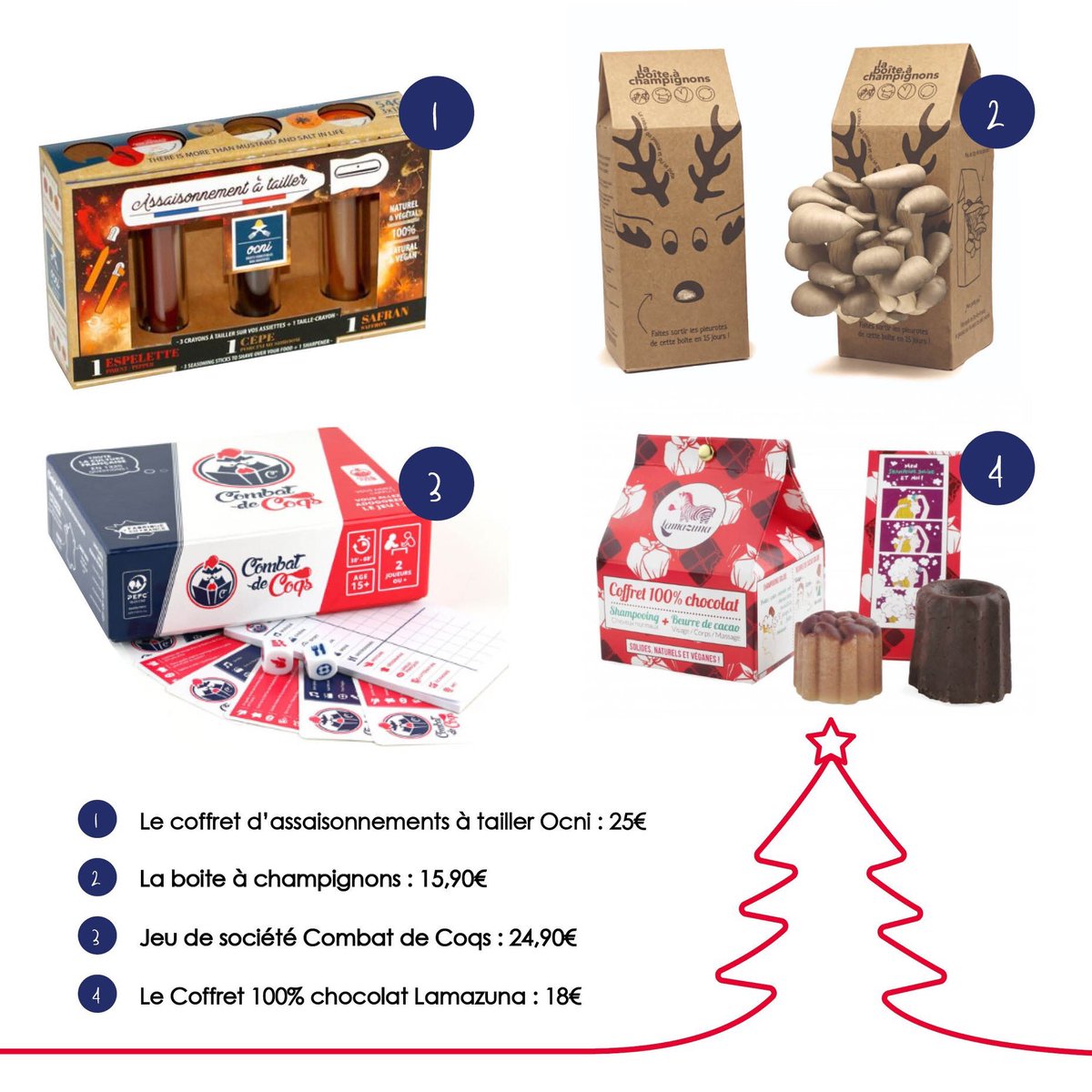 #Noël approche 🎁🌲
Voici quelques idées de cadeaux #madeinFrance à moins de 30€ d’exposants #MIFexpo: 
- Le coffret d’assaisonnements à tailler OCNI : 25€
- La Boîte à Champignons : 15,90€
- Le jeu de société Combat De Coqs : 24,90€
- Le Coffret 100% chocolat Lamazuna : 18€