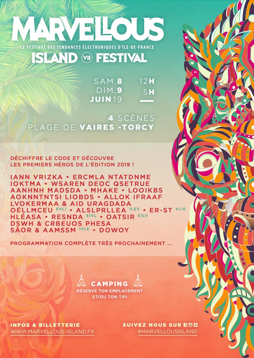 Reveal de la programmation... or not ?
Les premiers noms des héros de 2019 sont enfin révélés, mais à toi de décrypter l’affiche du festival et deviner l’intégralité des artistes de cette première annonce. Rendez-vous sur notre page FB pour gagner ton pass deux jours!