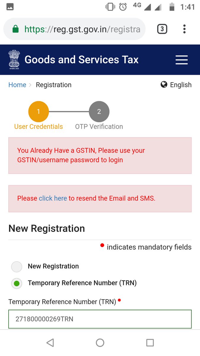 itzritesh's tweet photo. @askGSTech I registered with GST today and recieved TRN, while logging in with TRN, I am getting error (attached). On clicking on click here link I can see email id and mobile no which is not mine (image attached). Please advise https://t.co/PHJXTfwwFe