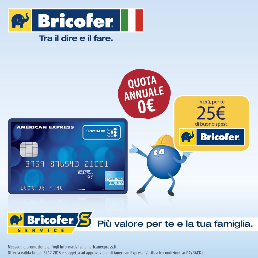 Carta PAYBACK American Express premia i tuoi acquisti! È riservata ai clienti PAYBACK, ha quota annuale gratuita e ti consente di accumulare  1 punto ogni 2€ spesi! Con il servizio Bricofer Service puoi scoprire di più su Carta PAYBACK American Express!