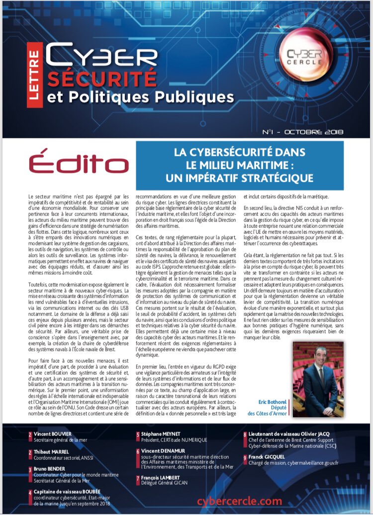 CyberMaritime's tweet photo. «La #cybersecurite ds le milieu #maritime : un impératif stratégique»,thématique du 1er numéro de la lettre «Cybersécurité & Politiques Publiques» avec @ebothorel @SGMer @MarineNationale @Gican_InduNav @ComiteFr @cybervictimes @ANSSI_FR @CERTitudeNUM #C2SP https://t.co/vMX9lBbQsk https://t.co/HOShNhRtwL