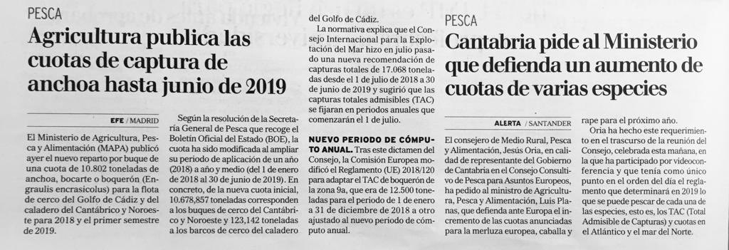 Agricultura publica las cuotas de captura de #anchoa hasta junio de 2019 🎣.

10.678,857 toneladas para los buques de cerco del #Cantábrico y Noroeste 🚢.

Noticia <a href="/ALERTAeldiario/">eldiarioalerta.com</a> 
nuevolibe.com