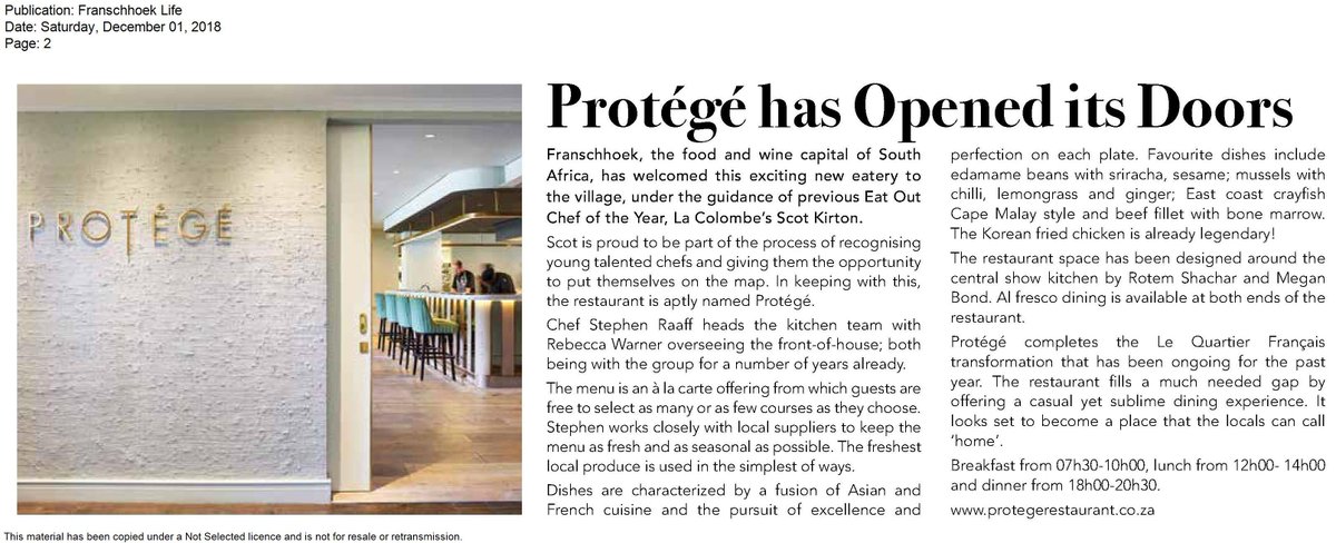 #Franschhoek has welcomed an exciting new eatery to the village. Read more about <a href="/ProtegeLQF/">Protégé Restaurant</a> by <a href="/FranschhoekLife/">Franschhoek Life 🇿🇦</a> below.
#ThursdayThoughts #foodies