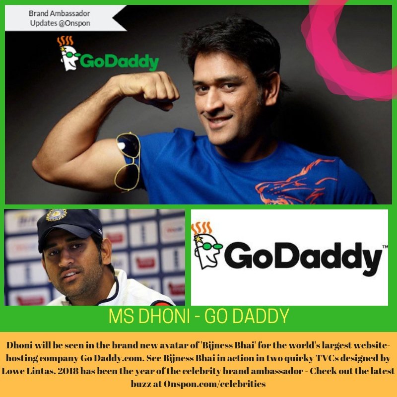 Onspon's tweet photo. Dhoni's latest endorsement deal with Go Daddy indeed scores well on our charts. Check out our celebrity - brand fitment rating through our latest blog only @Onspon.com.
#onspon #brands #sponsors #celebrity #endorsment https://t.co/l6SQt5abOy