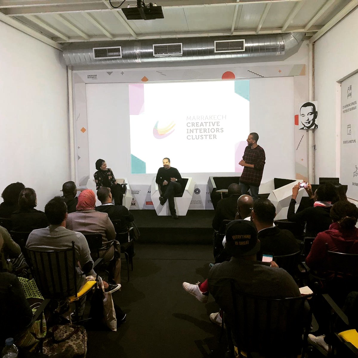 AfricaCrossroad's tweet photo. On #Day2 of #AfricanCrossroads2018, participants visited the @ebfmaroc. The participants got to tour the space, and an interactive panel was organized where panelists #NizzarBenChekroun, and #TaoufikAboudia, explained #EBF's mission and their project #CreativeInteriorsCluster. https://t.co/MkxVBwEqSR