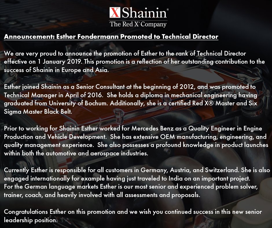 shaininllc's tweet photo. Shainin is very happy to announce that effective 1 January 2019, Esther Fondermann will be #promoted to #TechnicalDirector. Please join us in congratulating Esther on this promotion. We wish her continued success in this new senior #leadershipposition.
#ShaininRedX #NewYear https://t.co/mkvhTr6mYX