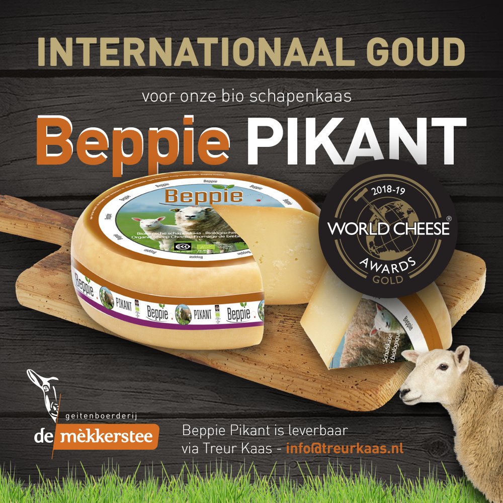 Mekkerstee's tweet photo. Onze Biologische Schapenkaas Beppie Pikant. Hier aangekleed met een mooi jasje van @Treurkaas en een GOUDEN Award van de World Cheese Award 2018/2019. #biologisch #kwaliteit https://t.co/yFgRv5nBFC
