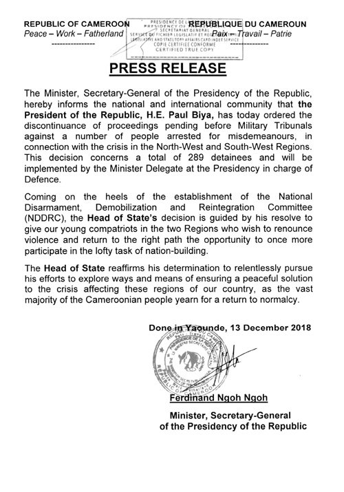 Cabinet Civil PRC (@cabinetcivilprc) on Twitter photo .<a href="/PR_Paul_BIYA/">President Paul BIYA</a> has today ordered the discontinuance of proceedings pending before the Military Tribunals against 289 detainees – arrested for misdemeanours, in connection with the crisis in the North-West and South-West Regions.
#PaulBiya
#Cameroon .<a href="/PR_Paul_BIYA/">President Paul BIYA</a> has today ordered the discontinuance of proceedings pending before the Military Tribunals against 289 detainees – arrested for misdemeanours, in connection with the crisis in the North-West and South-West Regions.
#PaulBiya
#Cameroon