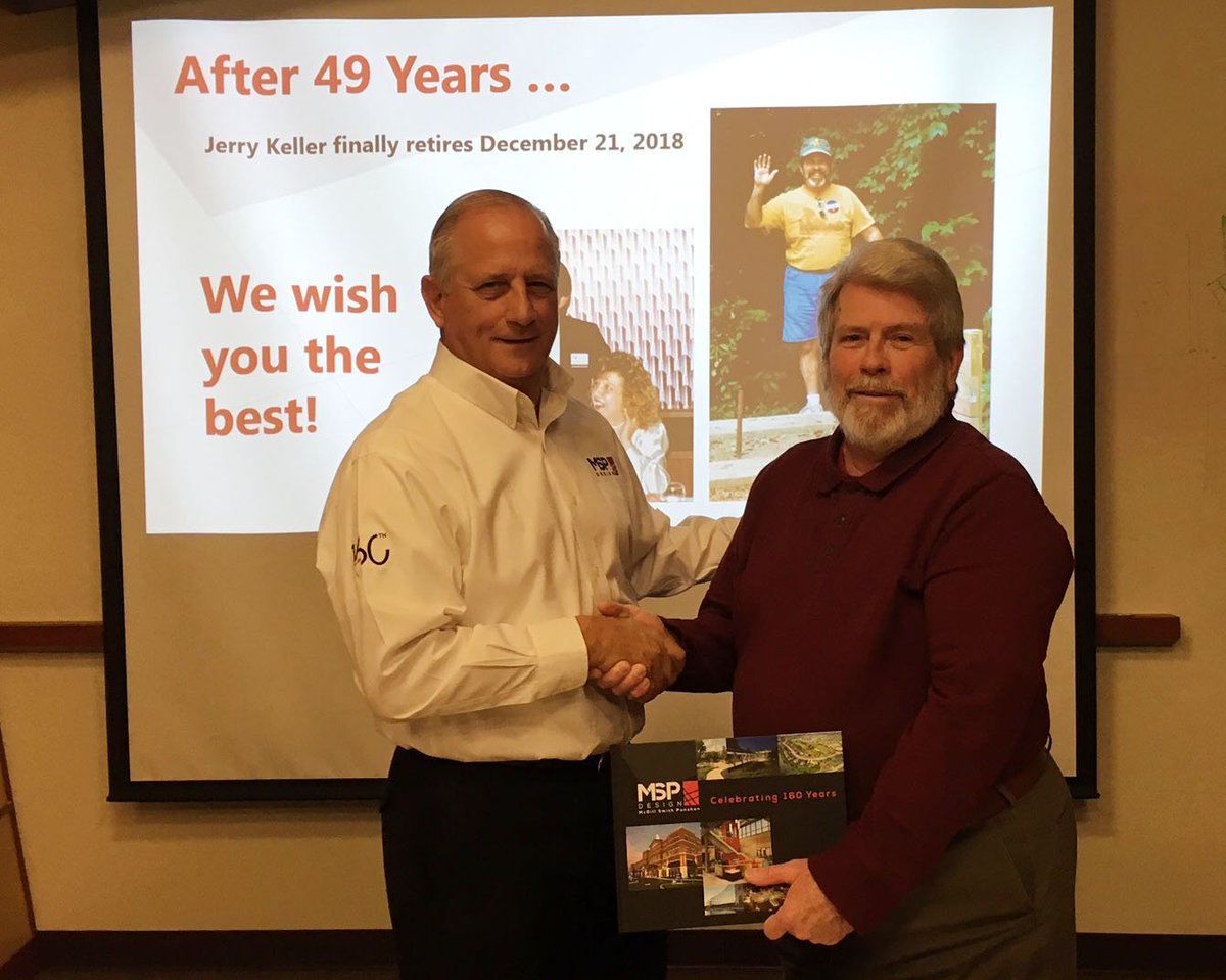 MSPdesign's tweet photo. Yesterday was our end of the year staff meeting with a special tribute to Jerry Keller, VP of surveying, who is retiring on December 21. Jerry has been with MSP for 49 years! He was presented with MSP's new company history book. We wish him a happy retirement! https://t.co/rqIKey7FnJ