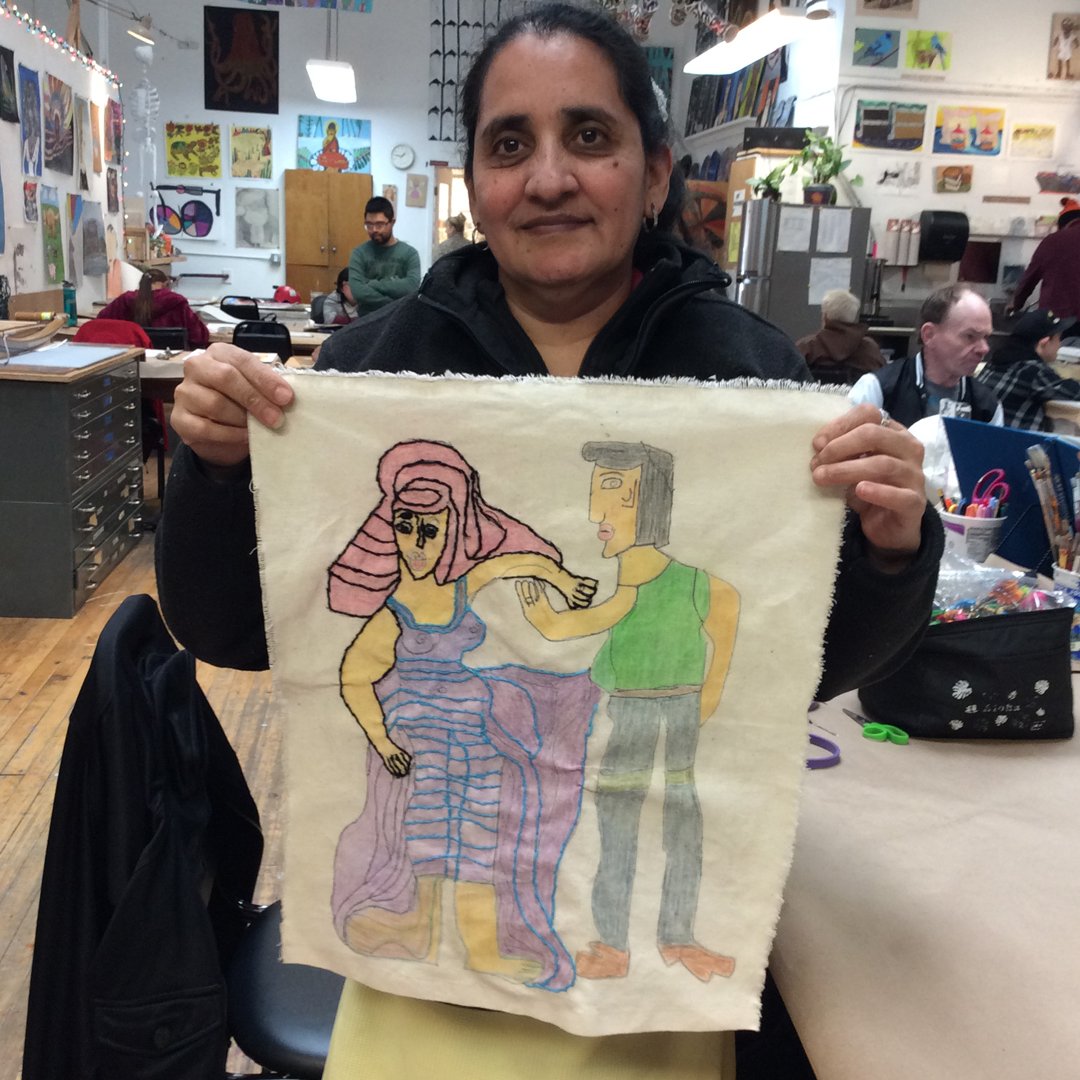 creativityxplrd's tweet photo. We love this new #embroidery by #MaribelGuzman. Fun #pastel colors permeate her iconography & here it’s especially thrilling to see that bright #pinkhair! #processthroughtime #wip https://t.co/5wy6ciJNCY