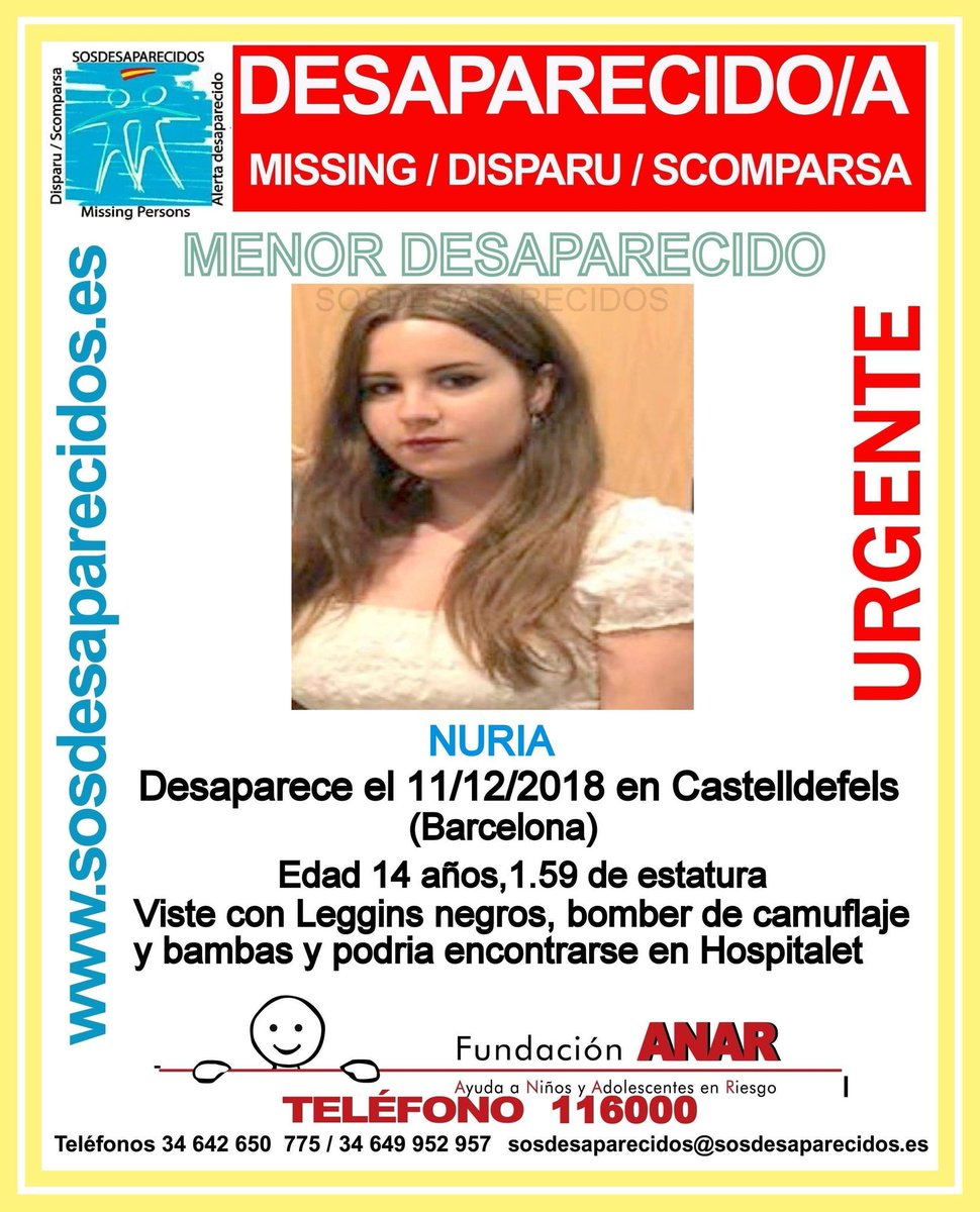 🆘#MUYURGENTE⚠️ 

Esta es Nuria, una #menor que ha #desaparecido en Castelldefels #Barcelona

Si la has visto llámanos
 ☎062 
 ☎112 

Tu RT no cuesta nada y puede ayudarla