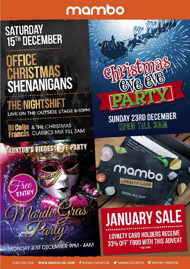 WOTauntonMag's tweet photo. The #Xmas fun starts on Saturday at @MamboTaunton ... right the way through to bringing the #NewYear in... https://t.co/7dILMjKRyH