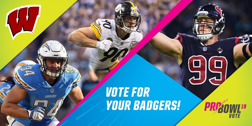Wisconsin Football (@BadgerFootball) on Twitter photo 2018-12-13 18:30:03 Turn down (and vote) for WATT! Hit that RETWEET button 🔁 today to cast 2x the NFL #ProBowlVote for each of these Badger brothers J.J. Watt T.J. Watt Derek Watt #OnWisconsin // #Badgers Turn down (and vote) for WATT! Hit that RETWEET button 🔁 today to cast 2x the NFL #ProBowlVote for each of these Badger brothers J.J. Watt T.J. Watt Derek Watt #OnWisconsin // #Badgers