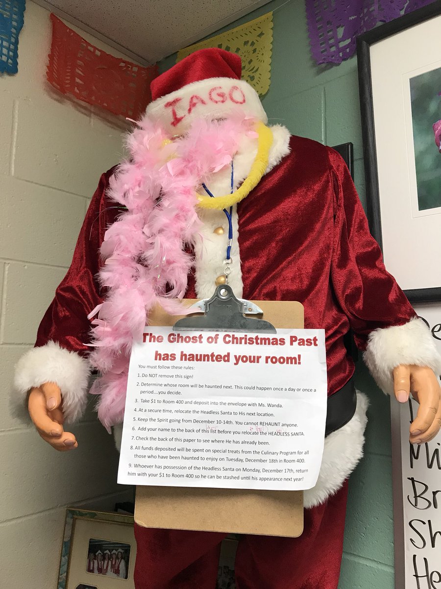 canoeing2's tweet photo. So this creepy thing appeared in my classroom I was at lunch. @MEADECOUNTYHIGH #hauntedsanta #creepy #alloneallin #gethimouttamyroom #headlesssanta https://t.co/L0IFuVqAYR