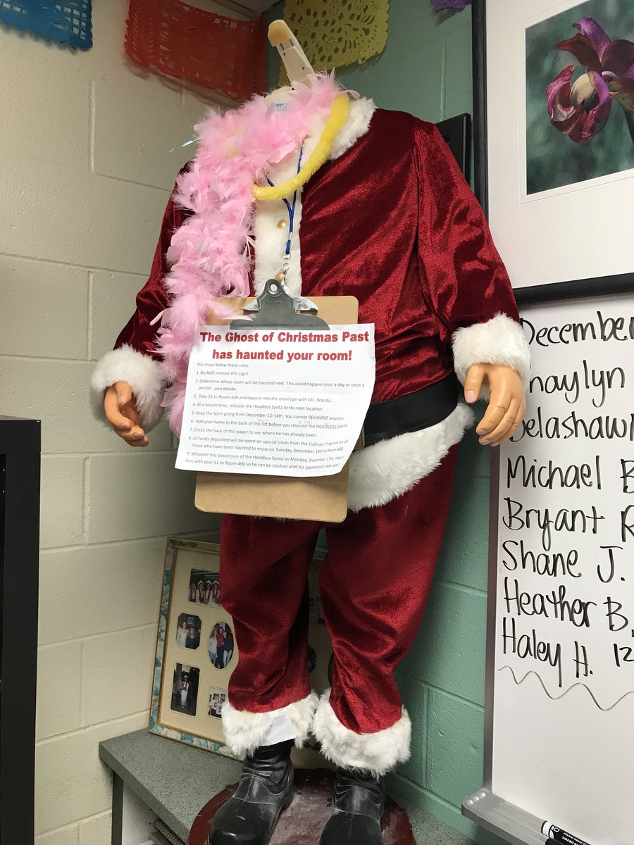 canoeing2's tweet photo. So this creepy thing appeared in my classroom I was at lunch. @MEADECOUNTYHIGH #hauntedsanta #creepy #alloneallin #gethimouttamyroom #headlesssanta https://t.co/L0IFuVqAYR
