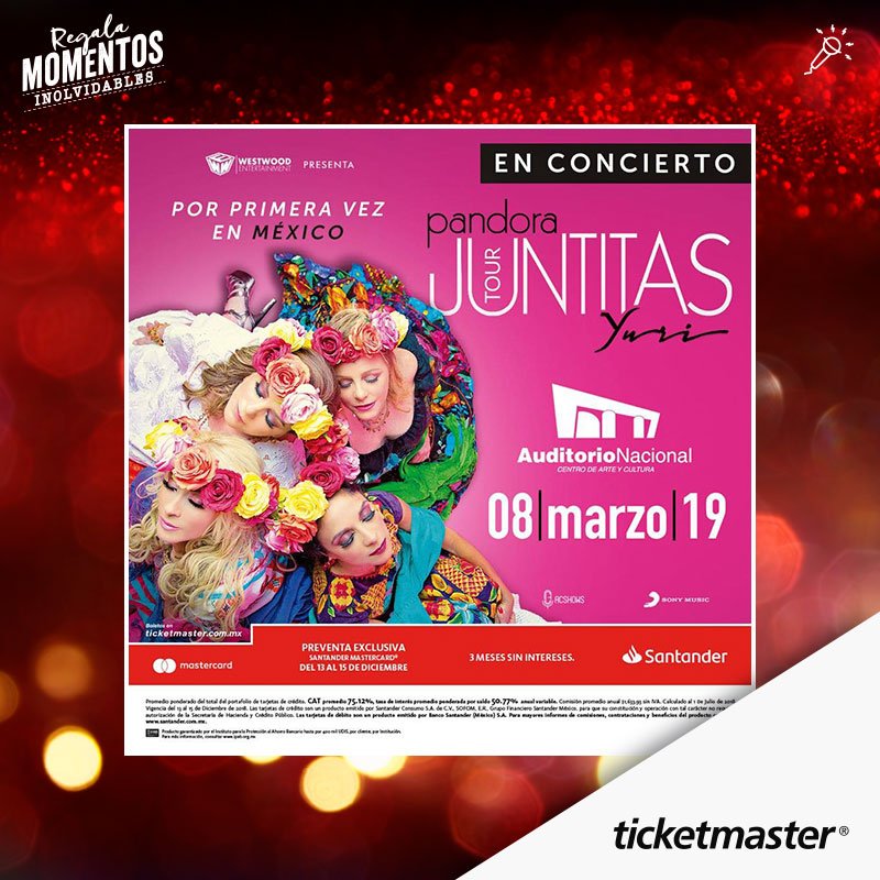 Ticketmaster_Me's tweet photo. ¡La nostalgia invadirá al @AuditorioMx!

En 5 minutos comienza la #Superventa @SantanderMx para ver a @OficialYuri y @GrupoPandora con su #JuntitasTour este 8 de marzo. Desde aquí podrás comprar tus 🎟️🎟️ 👇
https://t.co/evQ3aV6fm9 https://t.co/g7Cr9qt1Hl
