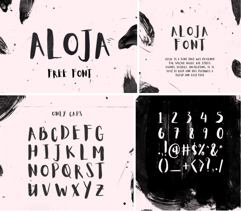 A preview of the Aloja font, which is a handwriting font, alongside of black and white artwork.