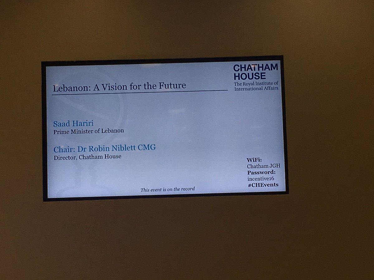 carolineartis's tweet photo. Waiting for the Prime Minister of Lebanon to speak . As we obsess about Brexit it is important to remember that other countries have their own challenges. #CHEevents @ChathamHouse https://t.co/5h1BJCqQKB