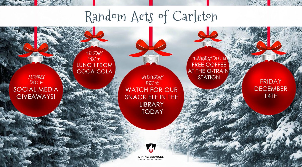 It's Day 4 of Random Acts of Carleton! ♥ Today we will be outside of the O-Train Station 🚆🚄 starting at 9:30 am with FREE Ravens Coffee Co & home-made energy bars! Fuel your mornings with #CarletonDining   #SmartSnacking #HealthyforLife #StudentEats #OttawaStudents #Exams