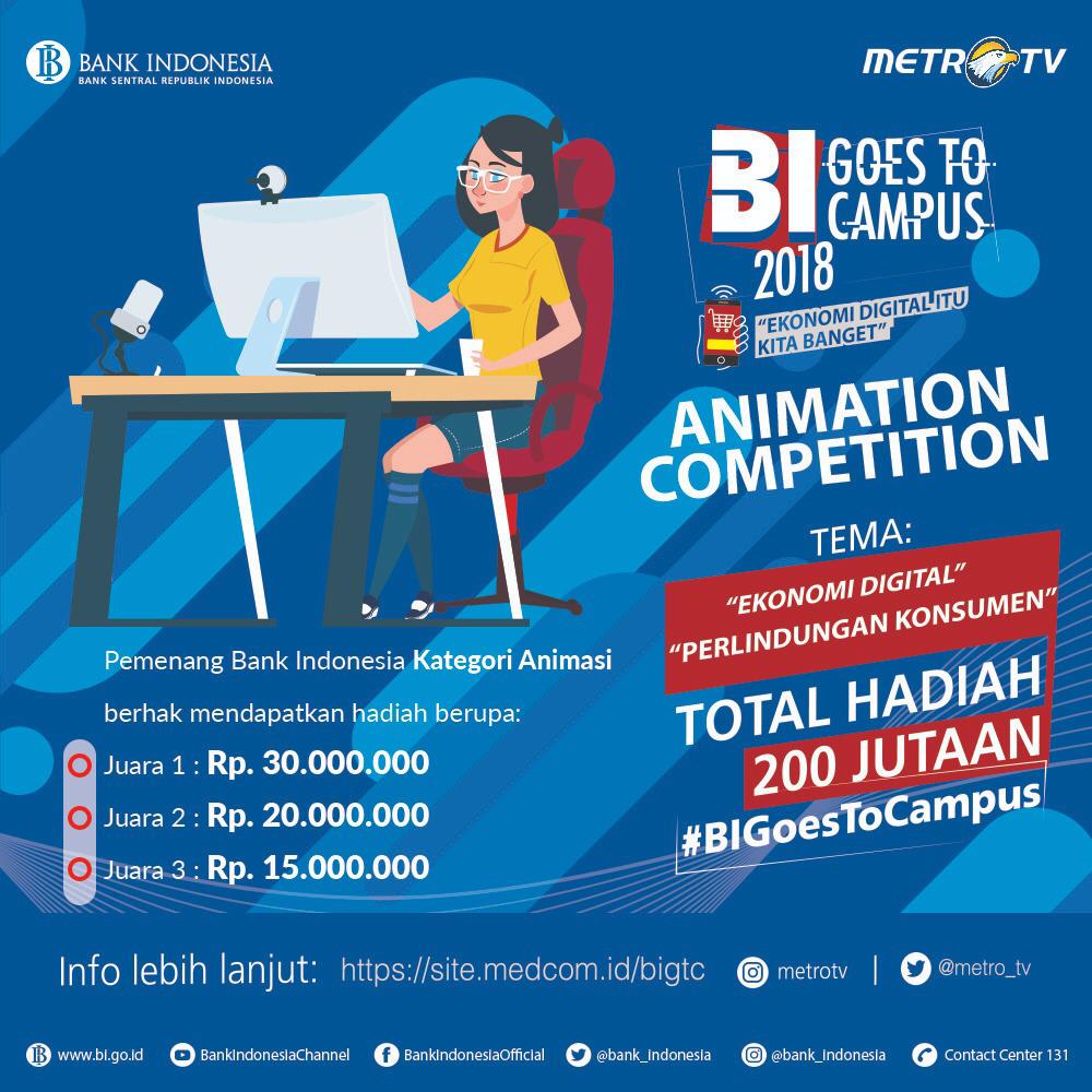 Metro_TV's tweet photo. Yuk, ikutan Video &amp; Blog Competition dgn total hadiah mencapai 200 juta rupiah! Ada dua tema, Ekonomi Digital #EcoDigi dan Perlindungan Konsumen #AmanBertransaksi. Untuk mekanisme Video &amp; Blog Competition, langsung cek di: https://t.co/uwi8bKTgw3 #BIGoesToCampus #BankIndonesia https://t.co/3cSfx75rFB