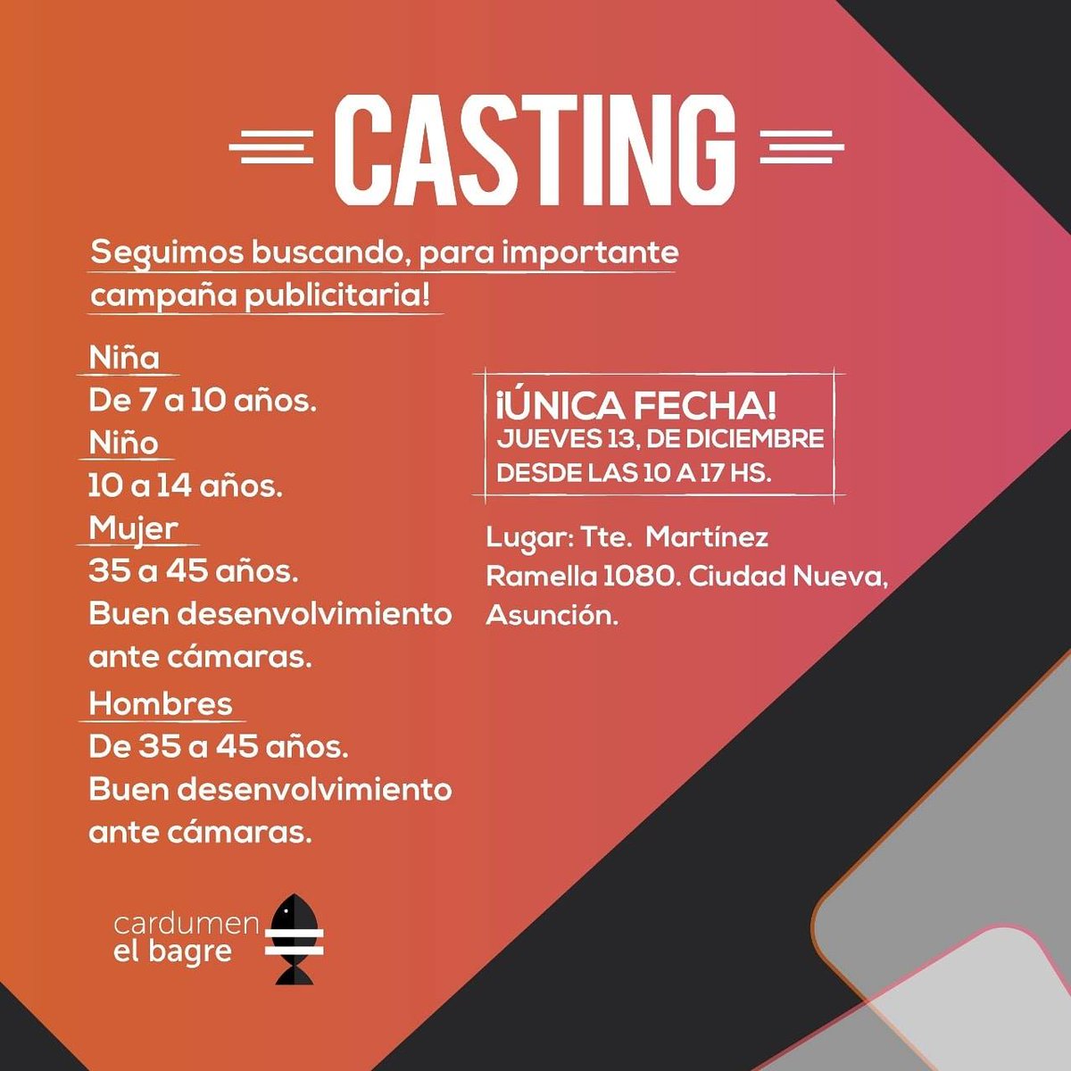 BagreStudios's tweet photo. ¡Te esperamos hoy hasta las 17 h.!
#Casting https://t.co/Pm8TA8wFAZ