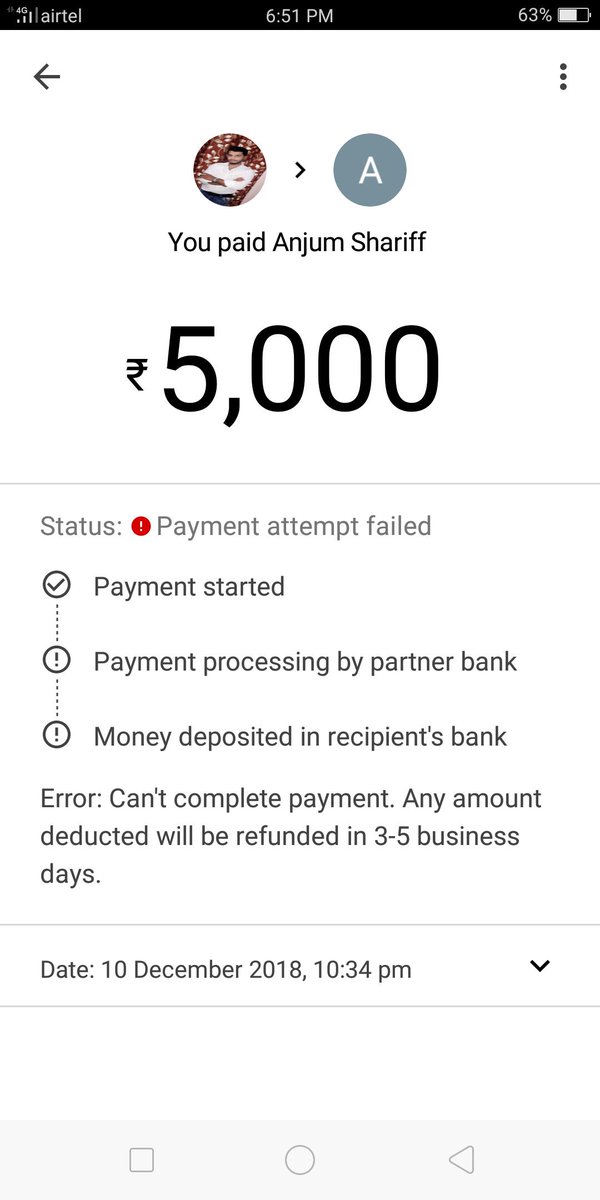 asfanshariff's tweet photo. @GooglePayIndia  please refund my amount, it's been almost 3 days https://t.co/oVO9rWCDSe