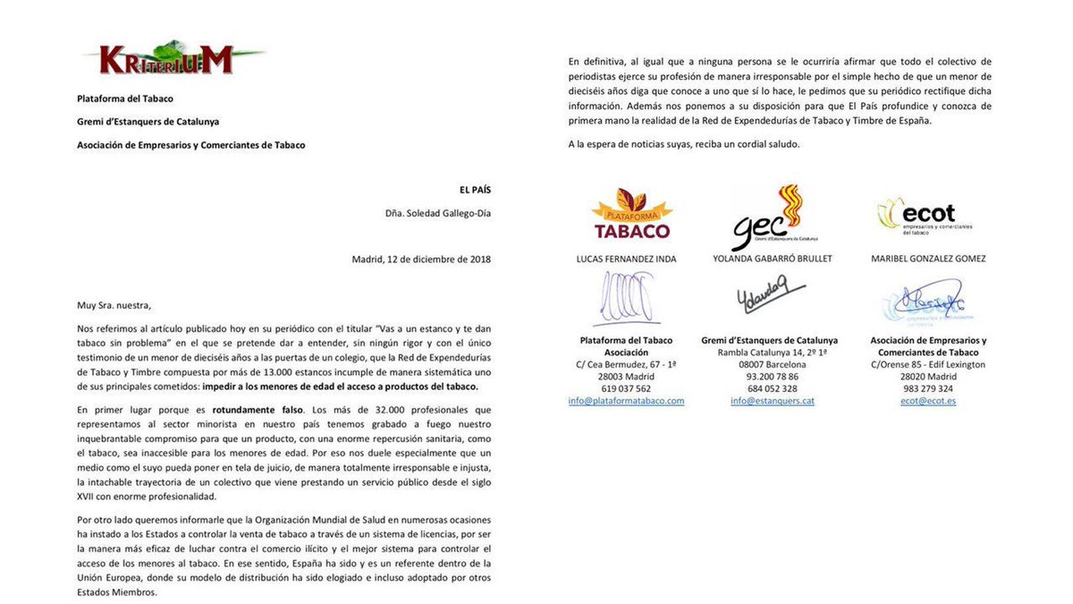 EstanquersCat's tweet photo. Kriterium le ha enviado hoy una carta a la Directora de @el_pais a propósito del desafortunado e injusto artículo publicado  en su periódico.
#menoresytabacoNO https://t.co/TSsN2L2ALw