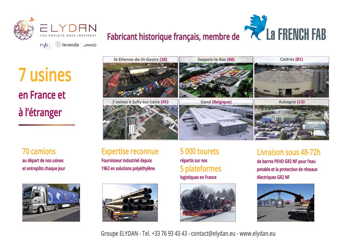Le Groupe ELYDAN est fier de faire partie de <a href="/LaFrenchFab/">La French Fab</a>
#canalisations #polyéthylène #FrenchFab