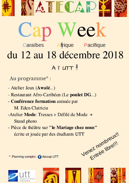 DelphineCommUTT's tweet photo. La #CapWeek continue à @UTTroyes!
Après un déjeuner découverte des mets du Cameroun, Sénégal & Côte d'Ivoire, RDV à 16h pr un atelier-formation "Diversité culturelle au sein d’une équipe, comment s’y prendre?" animé par Eden Clairicia @TechnopoleAube
#Caraïbes #Afrique #Pacifique https://t.co/1oXAo3Y4Hl