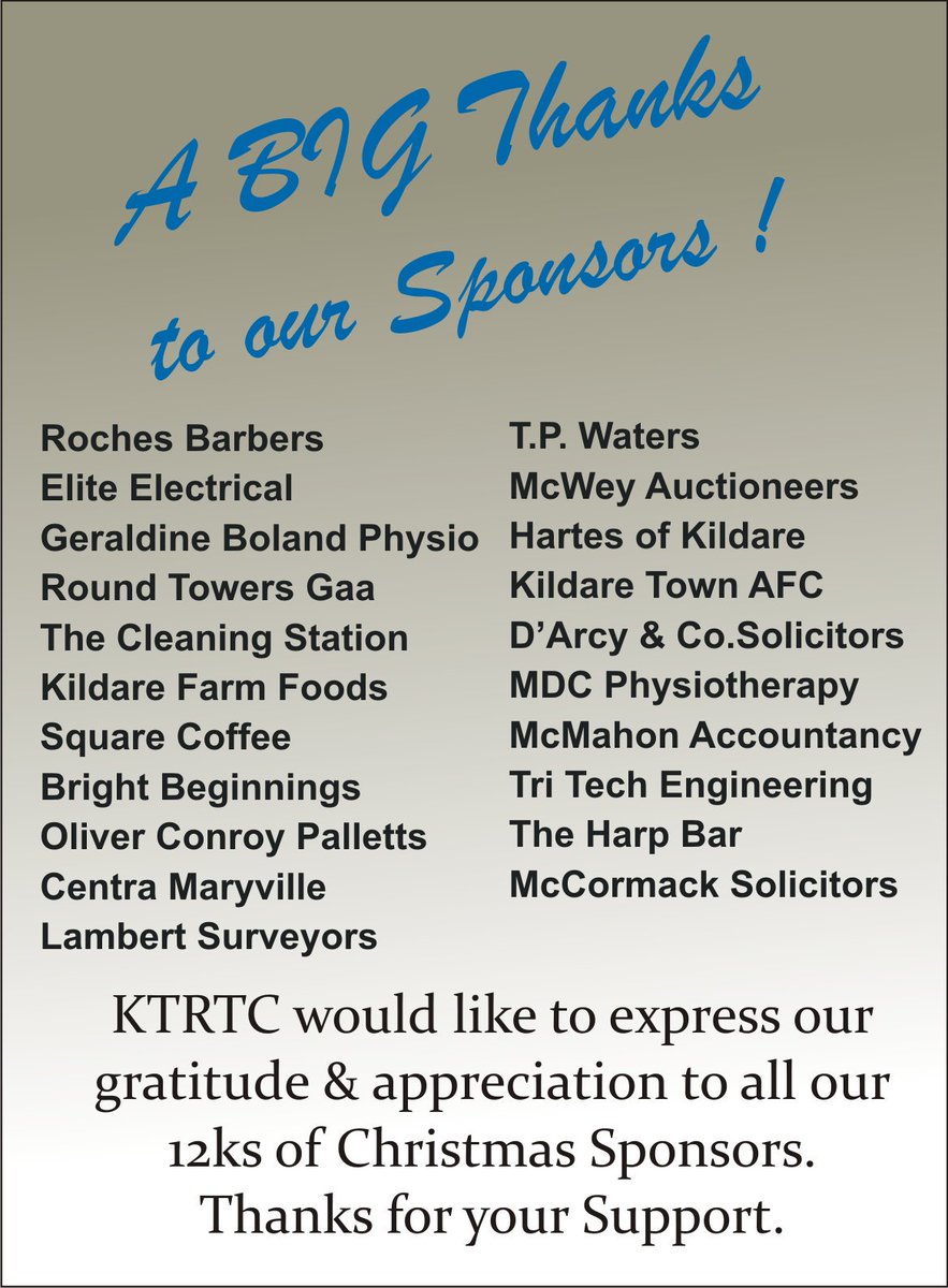 Thanks to our 12ks sponsors for their continued support! @rochesbarbers @TPWatersKildare @RoundTowersGFC <a href="/kildaretown66/">kildare town afc</a> <a href="/KildareFarmShop/">Kildare Farm Shop</a> @Hartes_Kildare <a href="/reddycat4/">Catriona Reddy</a> <a href="/CentraKildare/">Centra Kildare Town</a> <a href="/squarekildare/">Square Coffee</a>