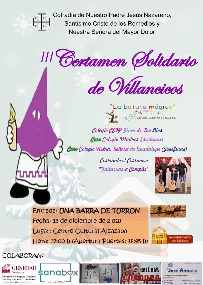 🎄 III CERTAMEN SOLIDARIO DE VILLANCICOS  de la Cofradía <a href="/Castillos1928/">Cofradia Castillos</a> 

📆 Sábado 15
🕰 17:00
📍 Centro Cultural Alcazaba