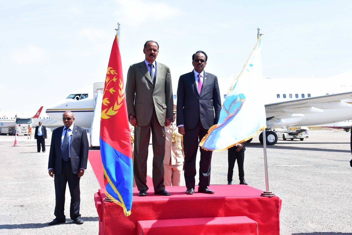 hawelti's tweet photo. President Isaias Afwerki &amp; his entourage were accorded warm welcome by President Mohamed Abdullahi Mohamed, Ministers, Parliamentarians &amp; other Somali dignitaries on arrival at Mogadishu Airport earlier in the day. Delegation includes FM Osman Saleh, Pre. Adviser Yemane G/ab.. https://t.co/1FzYG4St3s