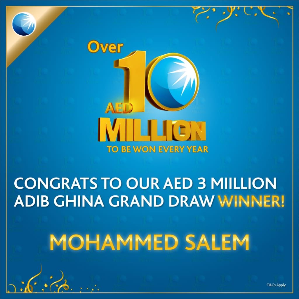 ADIBTweets's tweet photo. Congratulations to our #ADIB Ghina #Savings #Account grand draw winner of AED 3,000,000 Mohammed Salem. Apply now to #ADIB Ghina Saving account and you could be next!
#SavingIsWinning #Savings #Prizes #Future #Dreams #UAE https://t.co/MSBe9qmLzv