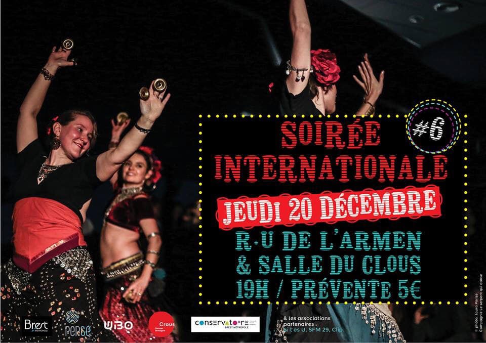 🎉 Le jeudi 20 décembre, rendez-vous à 19h au RU de l'Armen puis à 21h à la Salle du Clous pour la sixième édition de la soirée internationale avec le Conservatoire à Rayonnement Régional de #Brest métropole où joueront les groupes Cuban Fire et Ethno Drum.