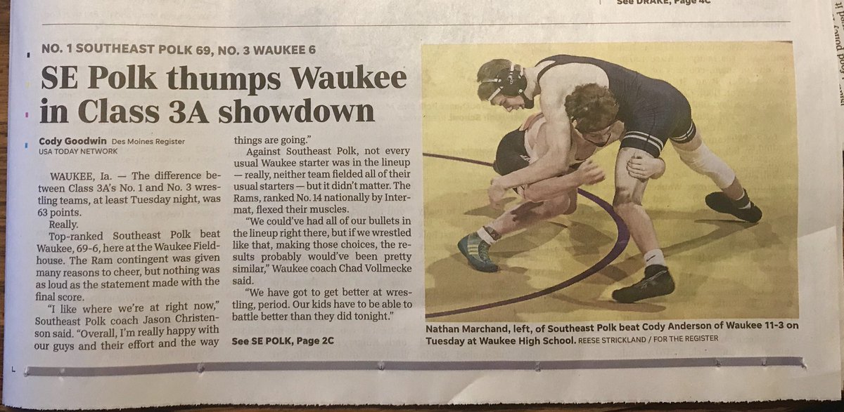 toddjacobus's tweet photo. Southeast Polk Rams [@SEPolkRams ] Coach Jason Christenson has built WRESTLING DYNASTY in Pleasant Hill. Dominated #3 ranked Waukee Warriors 69-6 w/ 13 of 14 wins. That doesn’t “just happen”; it’s because of LEADERSHIP &amp; investment in a program. Well done, sir! #iahsw https://t.co/QgPsNBqdEE
