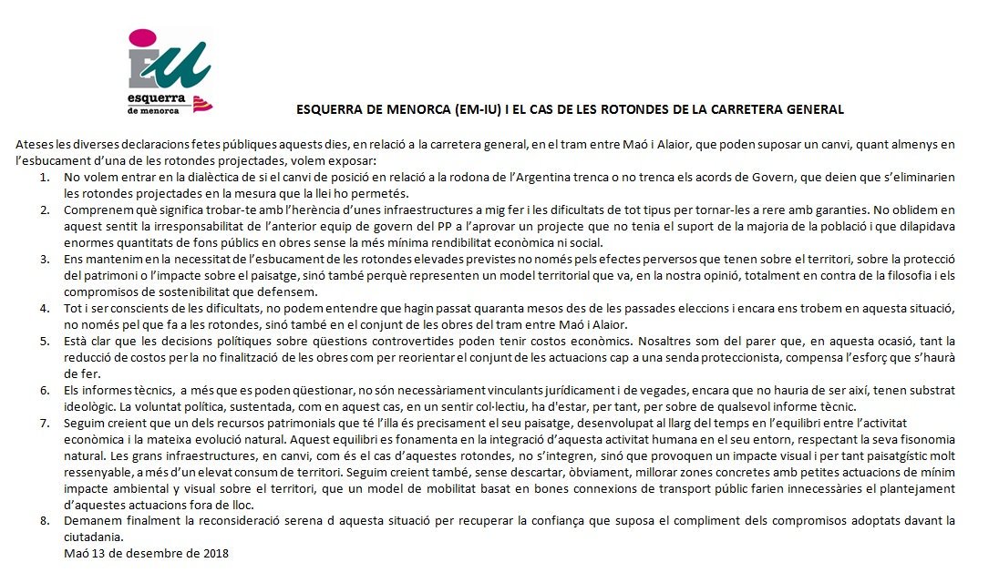 EsquerraMenorca's tweet photo. Creiem que no demolir les rotondes a doble nivell de la carretera de Maó a Alaior és un greu error polític i genera incomprensió a la població. El nostre posicionament aquí 👇 https://t.co/QjTo8v9NeC
