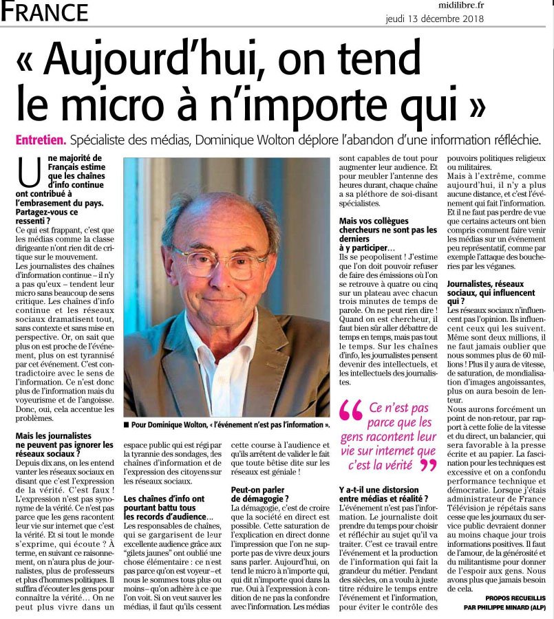 Dominique Wolton : "Les chaines d'info continue et les réseaux sociaux dramatisent tout,  sans contexte et sans mise en perspective. [...] Ce n'est donc plus de  l'information mais du voyeurisme et de l'angoisse. Donc, oui, cela  accentue les problèmes." #libertedexpression