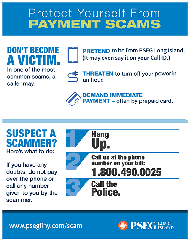 PSEGLI's tweet photo. SCAM ALERT: This holiday season remember, PSEGLI will never ask you to buy a prepaid debit card or use #Bitcoin for any reason. If you have been told to pay your electric bill with either of these - it is a #scam! Stay alert + pls RT! https://t.co/jpQW6uTKpz https://t.co/V2FlFjWF4P