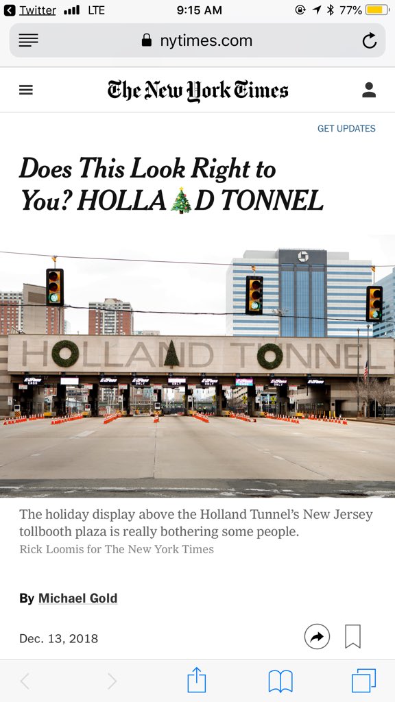 So here for the @migold era in @NYTMetro 👏👏👏: “And there, N, lies the problem.” And this @judystong headline with 🎄! https://www.nytimes.com/2018/12/13/nyregion/holland-tunnel-decorations-christmas-tree.html …