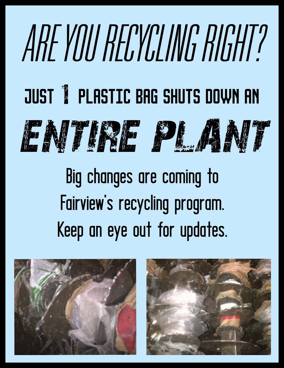FhsGreen's tweet photo. Today’s Green Team fact: did you know that 1 plastic bag shuts down an entire recycling plant? Big changes are coming to Fairview’s recycling program. Stay tuned for updates. https://t.co/DryD4wYwN1