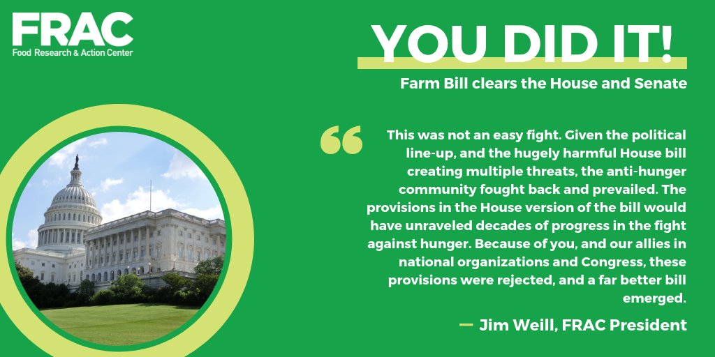 fractweets's tweet image. You did it! FRAC would like to thank you all for your efforts to protect SNAP in the #FarmBill. From meeting with your Members of Congress to getting vocal on social, your work has been invaluable. Let’s celebrate and continue the fight to end hunger! #ThursdayMotivation