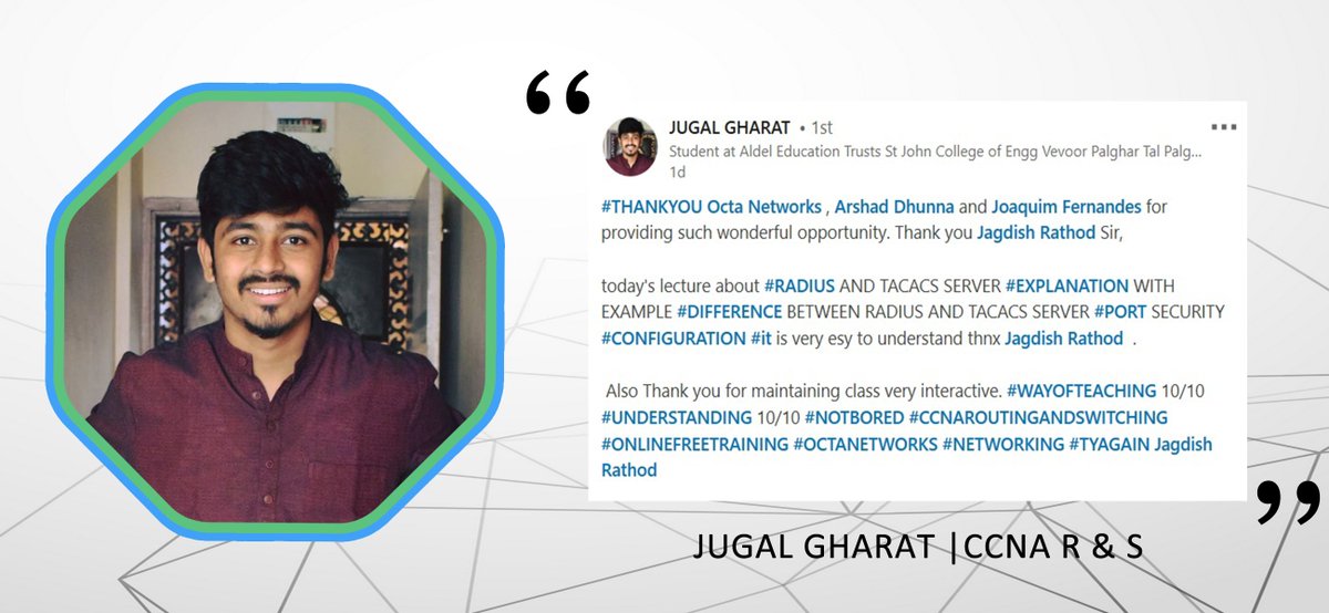 OctaNetworks's tweet image. Octa Networks Student Mr. JUGAL GHARAT Shares his Review about CCNA Routing & Switching Training
@joaquim8x
#ciscoccnaroutingandswitchingtrainingreviews
#ccnacourse #ccnacertifications #ccnaonlinetraining
#cisconetworking #ccnaccnpccie #ccna #ccnp #ccie
#cisco #OctaNetworks