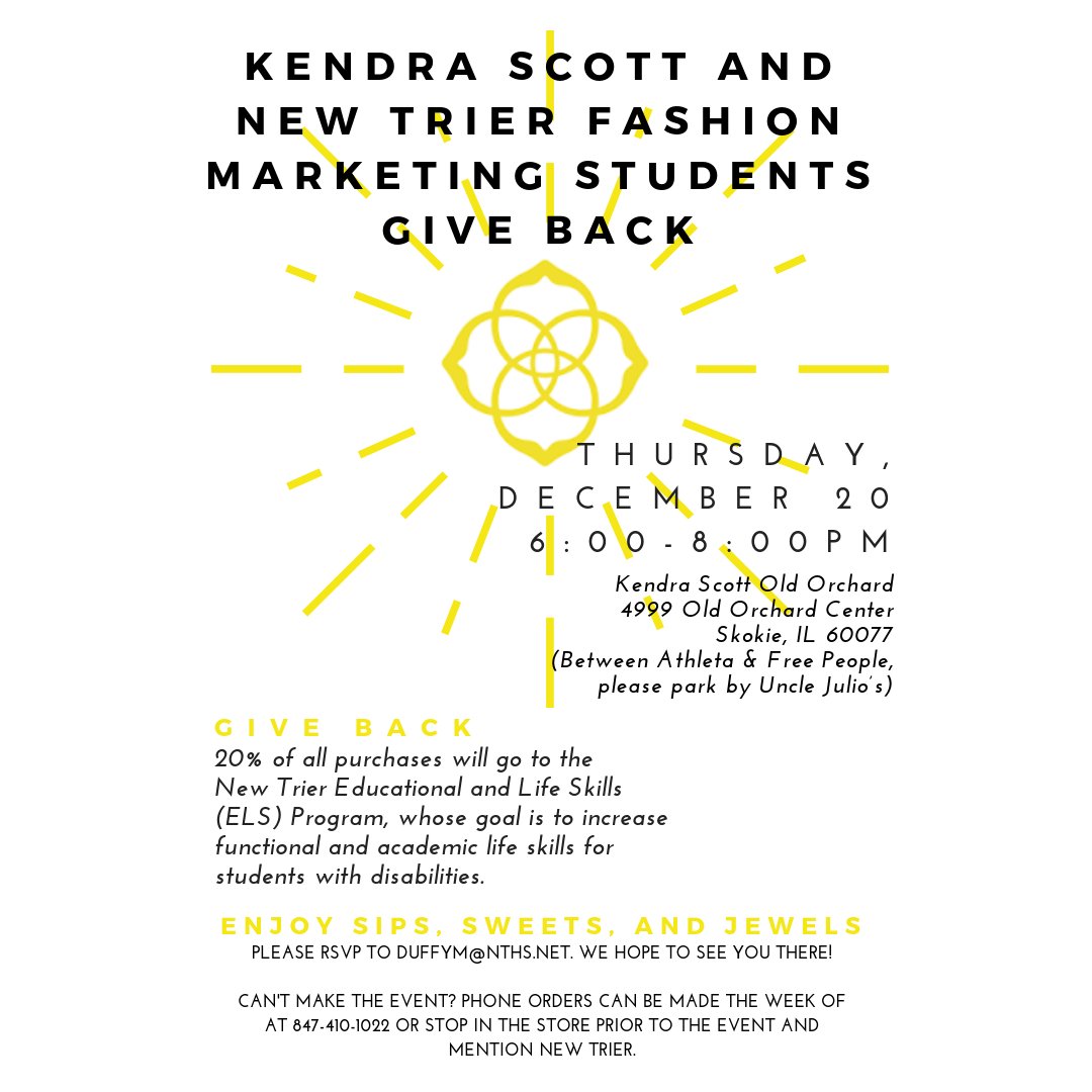 <a href="/KendraScott/">kendrascott</a> <a href="/OldOrchard/">WestfieldOldOrchard</a> and the <a href="/NewTrier203/">New Trier HS</a> Fashion Marketing Students are hosting a special event on December 20. We’re so proud and grateful when students take the lead to #giveback. RSVP to duffym@nths.net