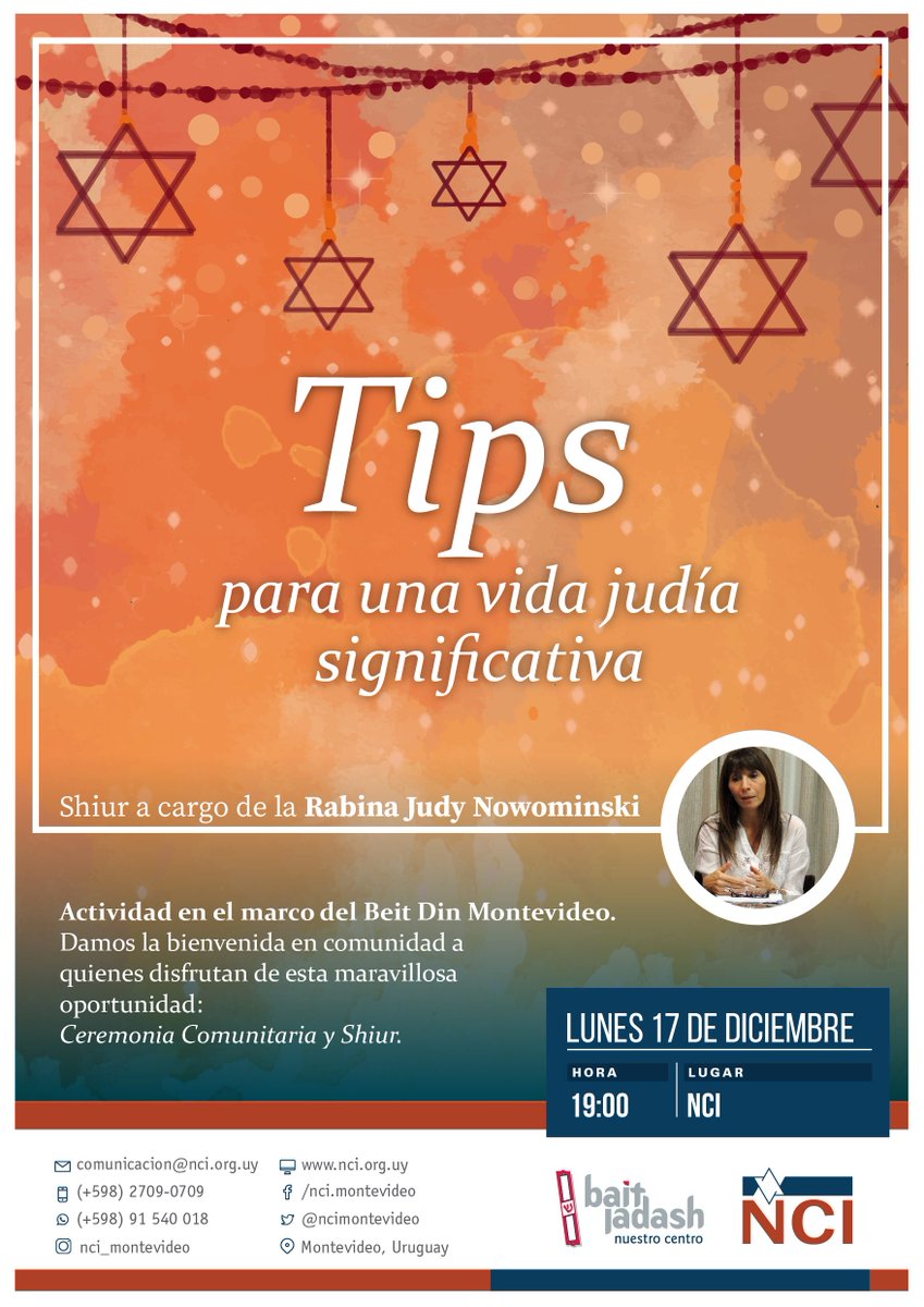 NCIMontevideo's tweet photo. #BeitDin
#RabinaJudyNowominski #Shiur
#SaveTheDate
Agendate este shiur a cargo de la Rabina Judy Nowominski que realizaremos el lunes 17 de diciembre a las 19.00 hs. en el marco del Beit Din. https://t.co/RmjGy42shS
