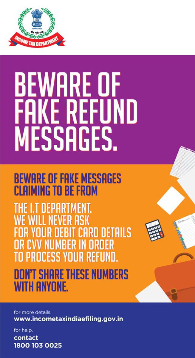 Megha94507473's tweet photo. 🇮🇳BEWARE OF FAKE REFUND MESSAGES CLAIMING TO BE FROM THE I.T DEPARTMENT.🇮🇳
DON'T SHARE YOUR DEBIT CARD DETAILS OR CVV NUMBER IN ORDER TO PROCESS YOUR REFUND.
FOR HELP, CONTACT 1800 103 0025
https://t.co/J4Njuo4fH9
👇👇👇 https://t.co/51zYDEqSPR