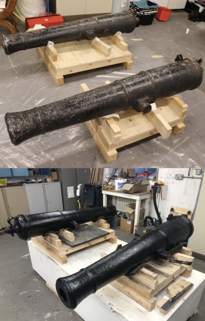 HullMaritime's tweet photo. Here are some before and after pictures of the work conservator Philippa and volunteers have been doing on the historic cannons from Queen Victoria Square. Keep your eyes peeled for the cannons returning to their home outside Maritime Museum early next year! #HullYMC https://t.co/vriV4RGTKo