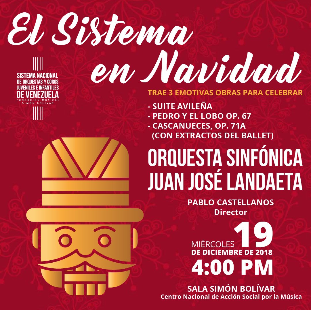 #ElSistemaEnNavidad te invita a disfrutar del concierto de la Orquesta Sinfónica Juan José Landaeta con tres emotivas obras para celebrar, bajo la dirección de Pablo Castellanos este miércoles 19 de diciembre a las 4pm en la #SalaSimónBolívar del <a href="/cnaspm/">CNASPM</a> 

#SomosElSistema