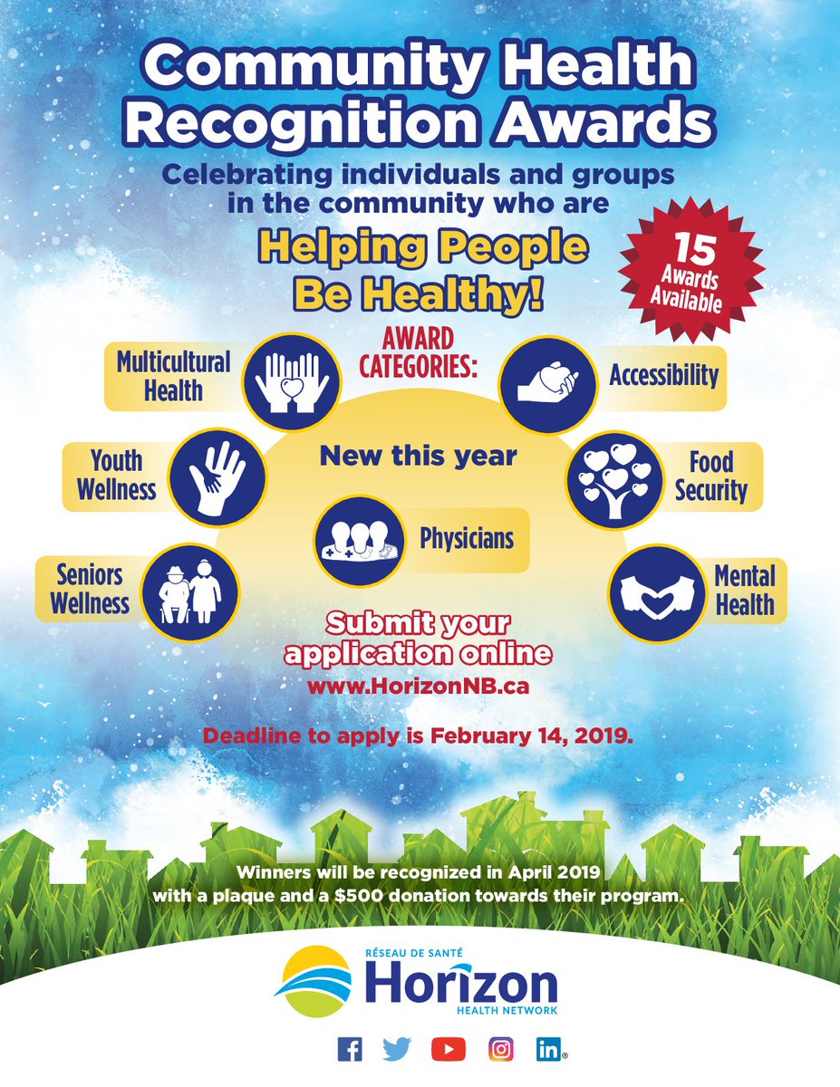 HorizonHealthNB's tweet image. Horizon is now accepting submissions for its Community Health Recognition Awards! Visit bit.ly/2QF1DFV for how to submit a nomination or application.