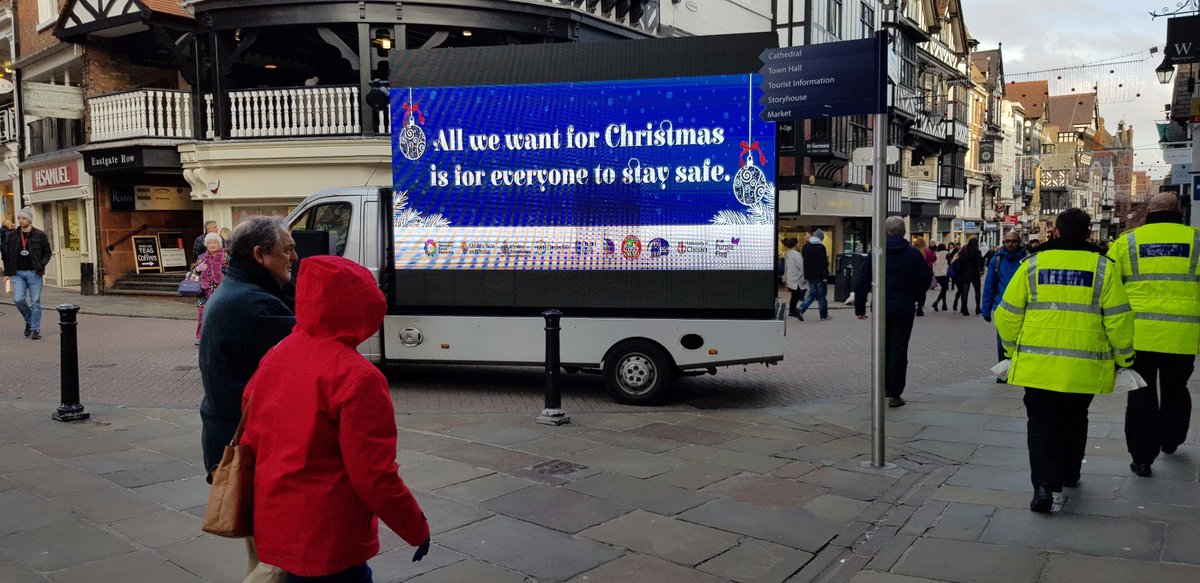 PoliceChester's tweet photo. Cheshire Police, Fire and Rescue, Chester BID and CW&C were in #chestercitycentre today promoting the message to #staysafe this Christmas.
#allwewant
#digitalvan
#partnershipworking
#hereforcommunities https://t.co/F6dGvd9pEW